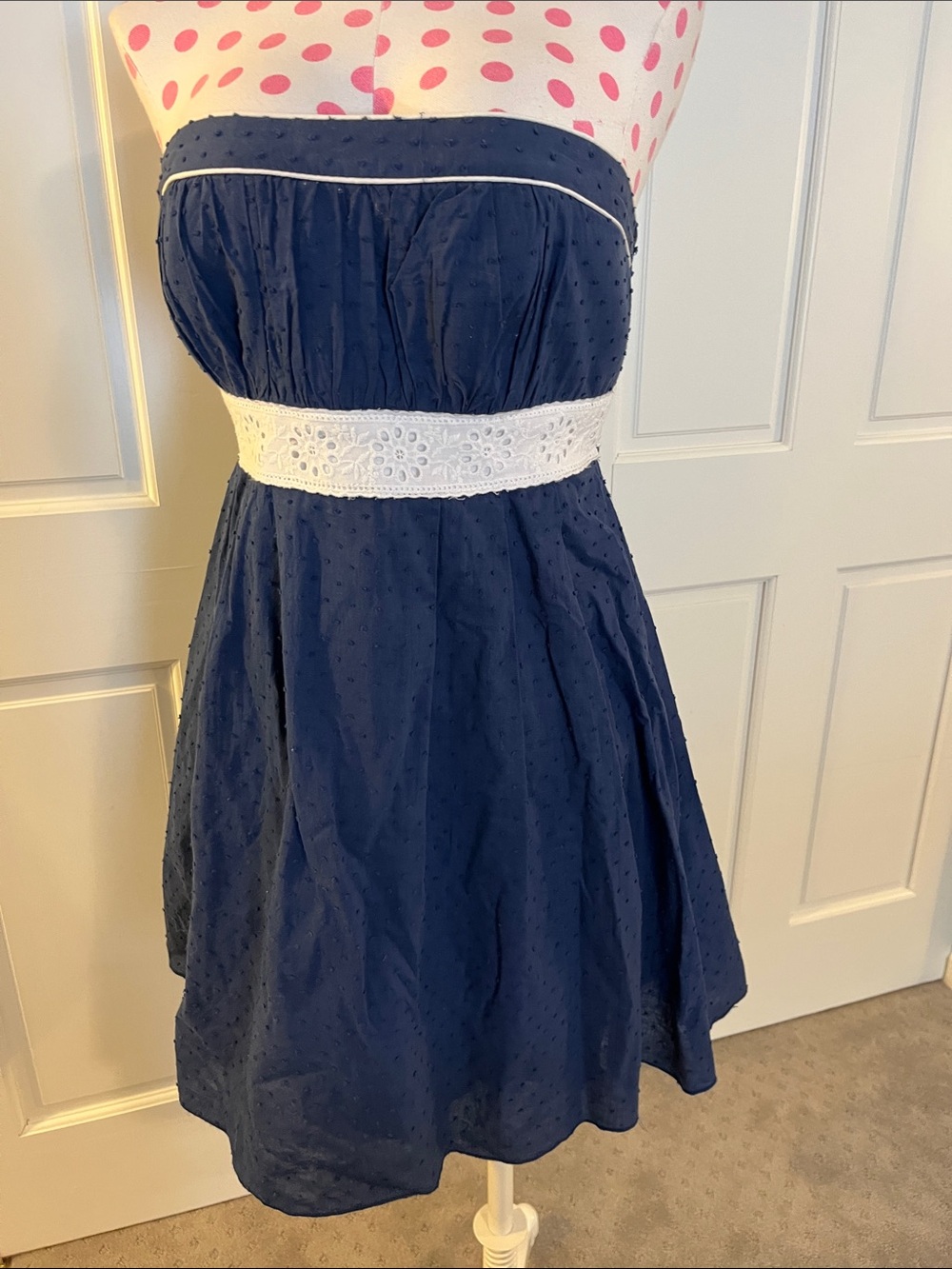 My Michelle Navy Strapless Dress with White Lace Waist